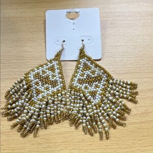 Gold and White Beaded Fringe Earrings